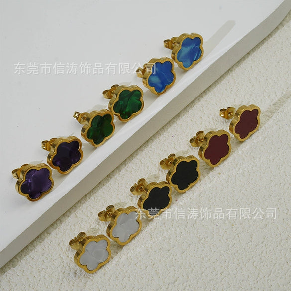 Wholesale Women's Elegant Geometric Titanium Steel Electroplated Five Leaf Flower Earrings