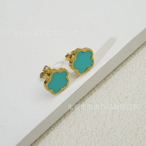 Wholesale Women's Elegant Geometric Titanium Steel Electroplated Five Leaf Flower Earrings