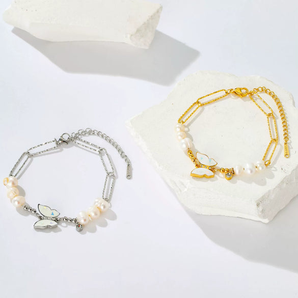 Wholesale Women's Elegant Goldplated Stainless Steel Butterfly Pearl Bracelet With Insect Pattern