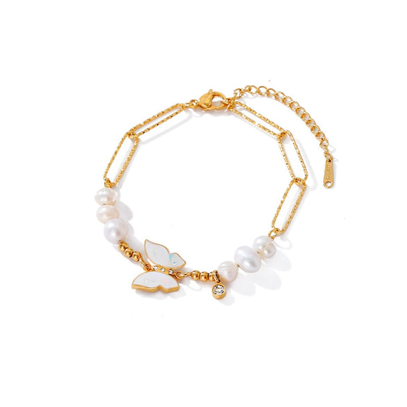 Wholesale Women's Elegant Goldplated Stainless Steel Butterfly Pearl Bracelet With Insect Pattern