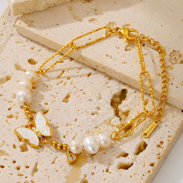 Wholesale Women's Elegant Goldplated Stainless Steel Butterfly Pearl Bracelet With Insect Pattern