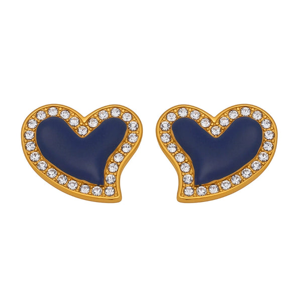 Wholesale Women's Elegant Luxury Stainless Steel 18K Gold Plated Heart Shaped Geometric Pattern Zircon Rhine Blue Diamond Earrings With Electroplating