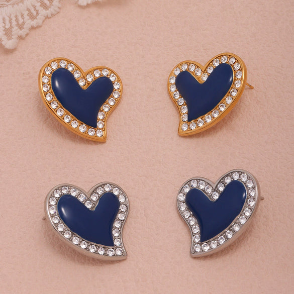 Wholesale Women's Elegant Luxury Stainless Steel 18K Gold Plated Heart Shaped Geometric Pattern Zircon Rhine Blue Diamond Earrings With Electroplating