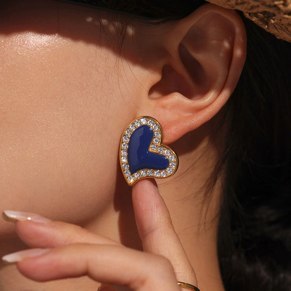 Wholesale Women's Elegant Luxury Stainless Steel 18K Gold Plated Heart Shaped Geometric Pattern Zircon Rhine Blue Diamond Earrings With Electroplating