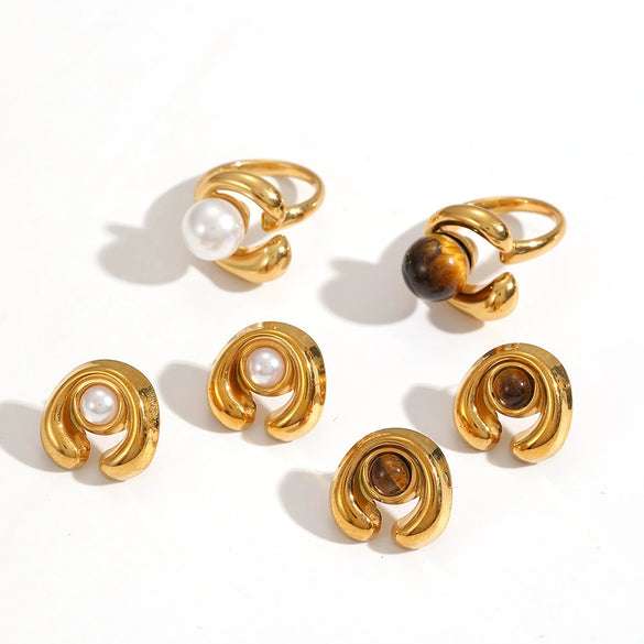 Wholesale Women's Elegant Maillardstyle Geometric Hollow Out Stainless Steel Real Gold Plated Accessories Set Including Ring Earrings And Bracelet