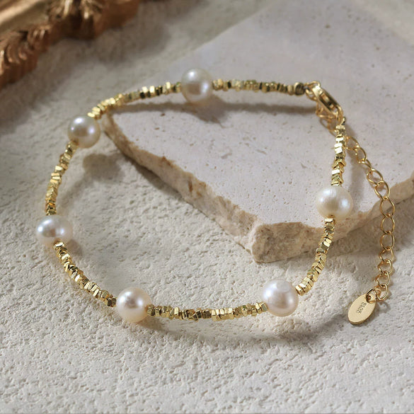 Wholesale Women's Elegant Minimalist Geometric 925 Sterling Silver Natural Freshwater Pearl Broken Bracelet With K Gold Electroplating