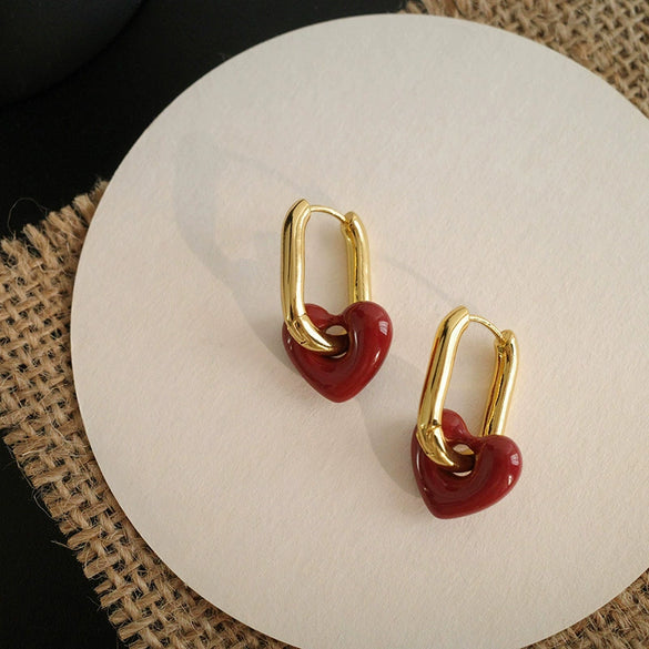 Wholesale Women's Elegant Red Heart Earrings Copper 14K Gold Plated