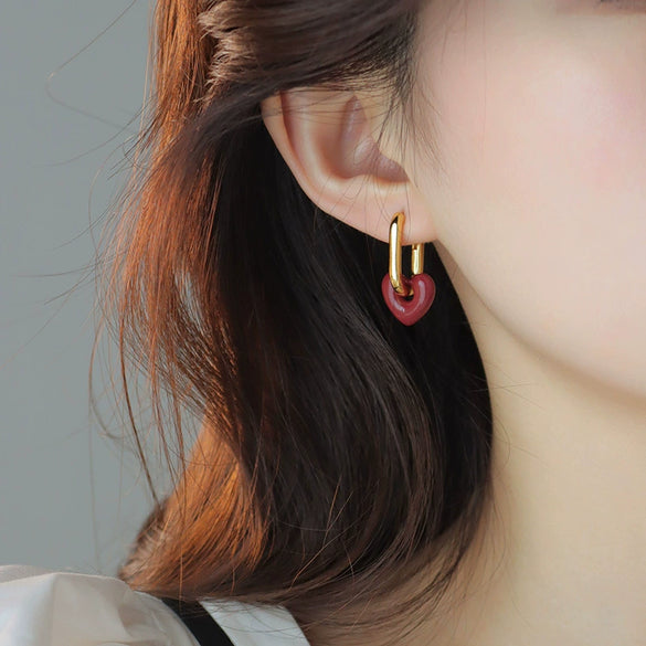 Wholesale Women's Elegant Red Heart Earrings Copper 14K Gold Plated