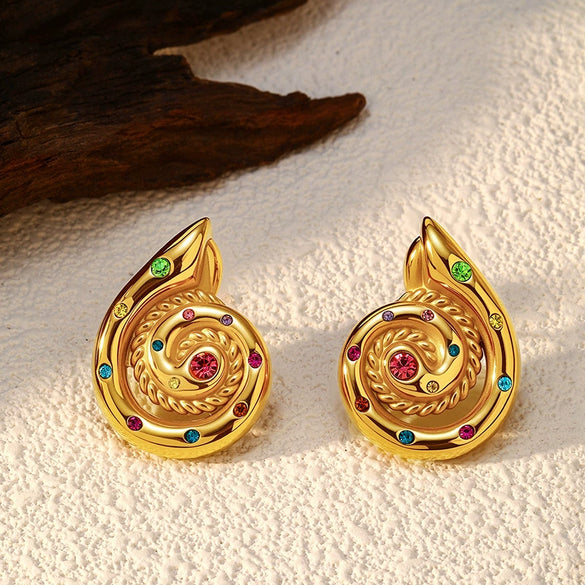 Wholesale Women's Elegant Ushaped Stainless Steel 18K Gold Plated Microinlaid Retro Twist Snail Shell Earrings