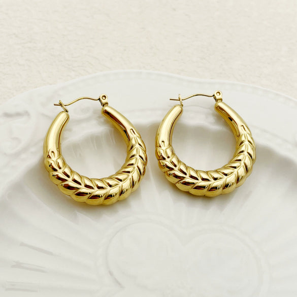 Wholesale Women's Elegant Wheat Ear Hoop Earrings Stainless Steel 18K Goldplated Geometric Ushaped Plants And Flowers Style