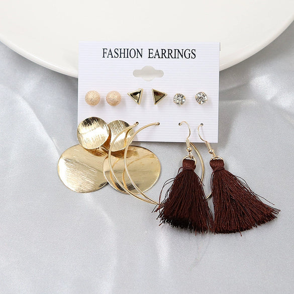 Wholesale Women's Exaggerated Bohemian Tassel Metal Big Circle Earrings Alloy Electroplated 6 Pairs Set