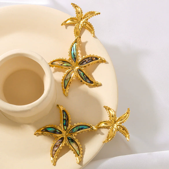 Wholesale Women's Exaggerated Double Starfish Design Stainless Steel Earrings With 18K Vacuum Plated In Furnace Marine Wind Jewelry