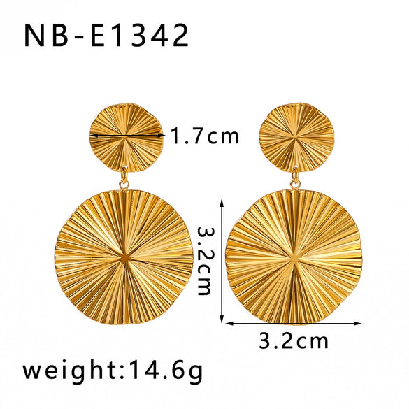 Wholesale Women's Exaggerated Large Earrings With Pleated Round Stainless Steel Pendant 18K Vacuum Plated In Furnace Geometric Style