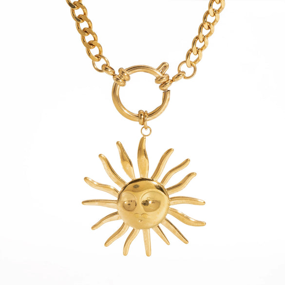 Wholesale Women's Exaggerated Light Luxury Niche Design Sun Pendant Necklace With Cuban Chain And Spring Buckle Titanium Steel Stainless Steel Pvd Furnace Vacuum Real Gold Plating