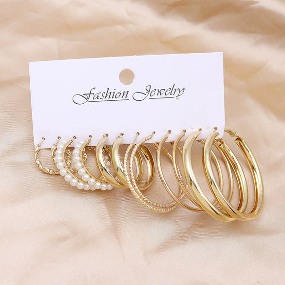 Wholesale Women's Exaggerated Metal Geometric C Shaped Electroplated Alloy Circle Earrings 6 Pair Set