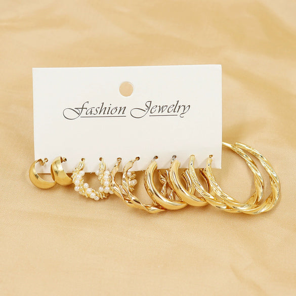 Wholesale Women's Exaggerated Metal Geometric C Shaped Electroplated Alloy Circle Earrings 6 Pair Set