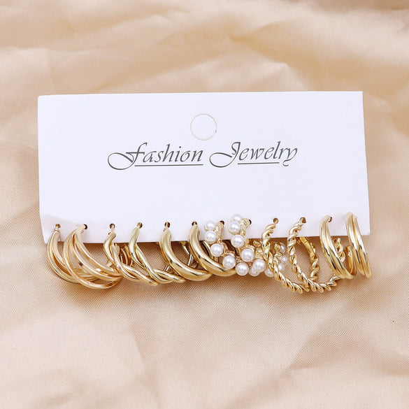 Wholesale Women's Exaggerated Metal Geometric C Shaped Electroplated Alloy Circle Earrings 6 Pair Set