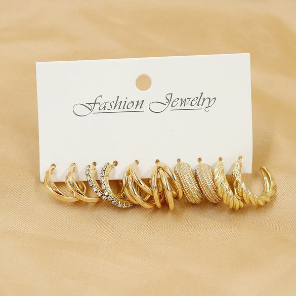 Wholesale Women's Exaggerated Metal Geometric C Shaped Electroplated Alloy Circle Earrings 6 Pair Set