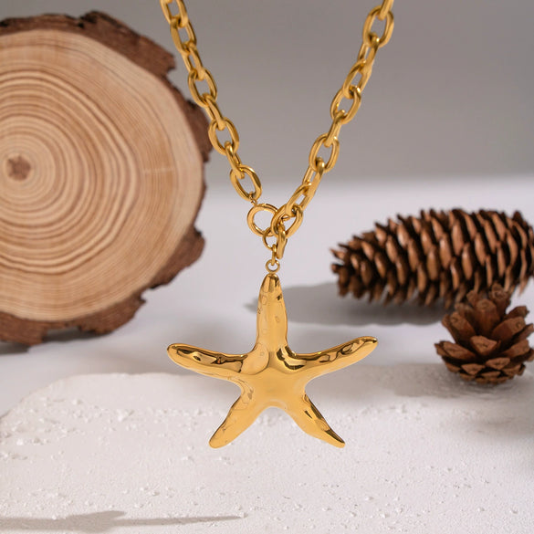 Wholesale Women's Exaggerated Minimalist Ins Style Hammered Star Pendant Necklace With Heavy Chain 18K Real Gold Plated Stainless Steel