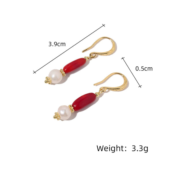 Wholesale Women's Exotic Geometric Natural Pearl Earrings With Sea Bamboo Red Tassel And Electroplated Ear Hooks