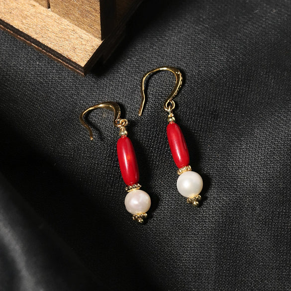 Wholesale Women's Exotic Geometric Natural Pearl Earrings With Sea Bamboo Red Tassel And Electroplated Ear Hooks