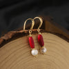 Wholesale Women's Exotic Geometric Natural Pearl Earrings With Sea Bamboo Red Tassel And Electroplated Ear Hooks