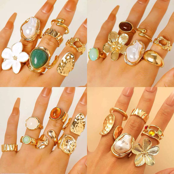 Wholesale Women's Exotic Geometric Zinc Alloy Electroplated Ring Set With Flower And Chain Patterns