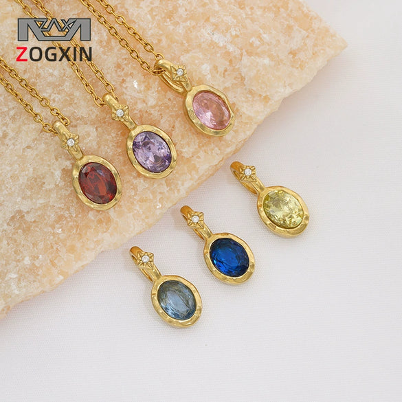 Wholesale Women's Fairy Style Geometric Gold Plated 316 Stainless Steel Birthstone Necklaces With Hammer Cross Chain