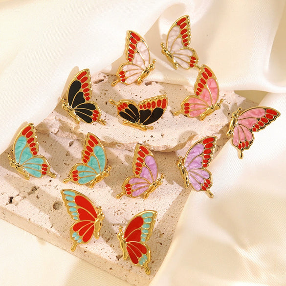 Wholesale Women's Fairy Style Insect Pattern Dripping Oil Stainless Steel Butterfly Earrings