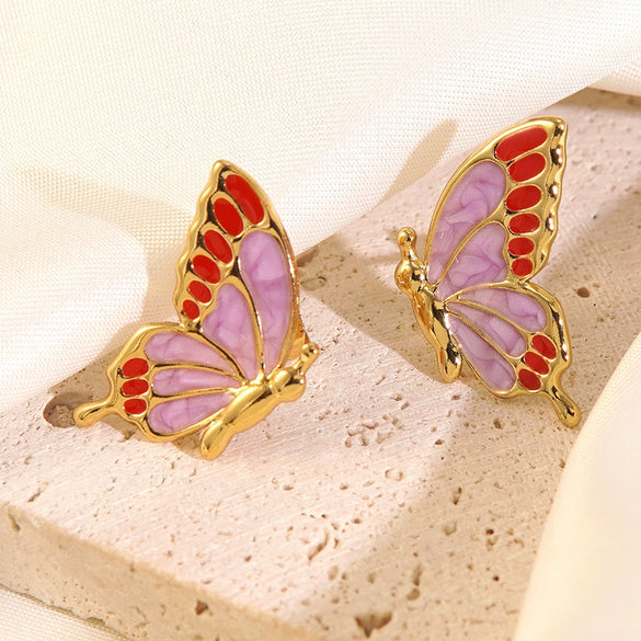 Wholesale Women's Fairy Style Insect Pattern Dripping Oil Stainless Steel Butterfly Earrings