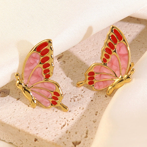 Wholesale Women's Fairy Style Insect Pattern Dripping Oil Stainless Steel Butterfly Earrings