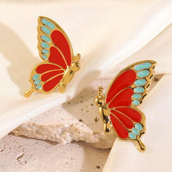 Wholesale Women's Fairy Style Insect Pattern Dripping Oil Stainless Steel Butterfly Earrings