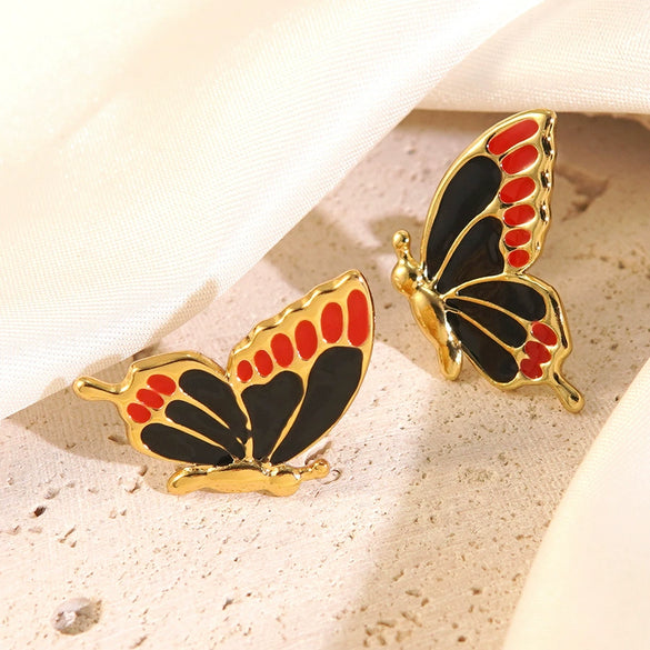 Wholesale Women's Fairy Style Insect Pattern Dripping Oil Stainless Steel Butterfly Earrings
