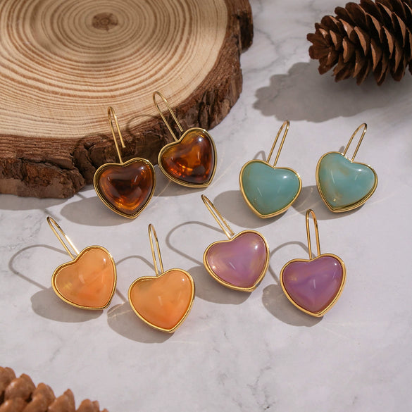 Wholesale Women's Fairy Style Multicolor Resin Heart Earrings With Stainless Steel Ear Needles And Pvd Furnace Vacuum Real Gold Plating
