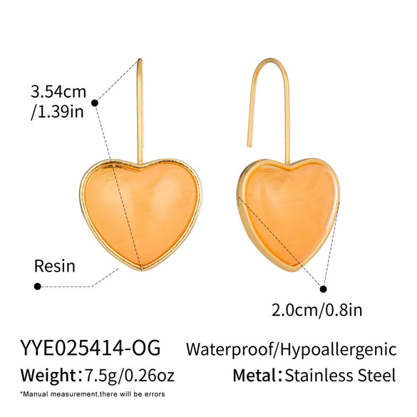 Wholesale Women's Fairy Style Multicolor Resin Heart Earrings With Stainless Steel Ear Needles And Pvd Furnace Vacuum Real Gold Plating