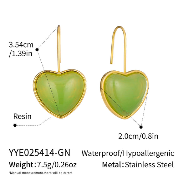 Wholesale Women's Fairy Style Multicolor Resin Heart Earrings With Stainless Steel Ear Needles And Pvd Furnace Vacuum Real Gold Plating