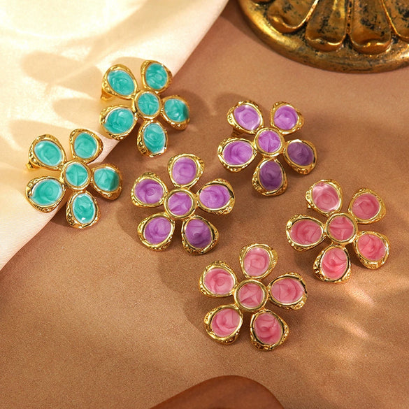 Wholesale Women's Fairy Style Oil Dripping Flower Stainless Steel Earrings