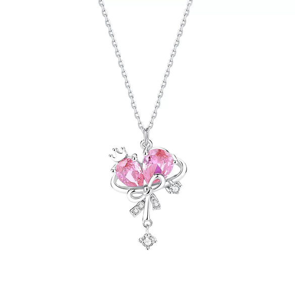 Wholesale Women's Fairy Style S925 Sterling Silver Inlaid Zircon Bow Pendant Cross Chain Necklace