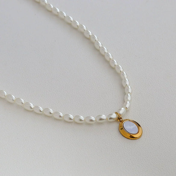Wholesale Women's Fairy Style Titanium Steel Goldplated Pearl Casting Heart Pendant Necklace With String Of Pearls Chain