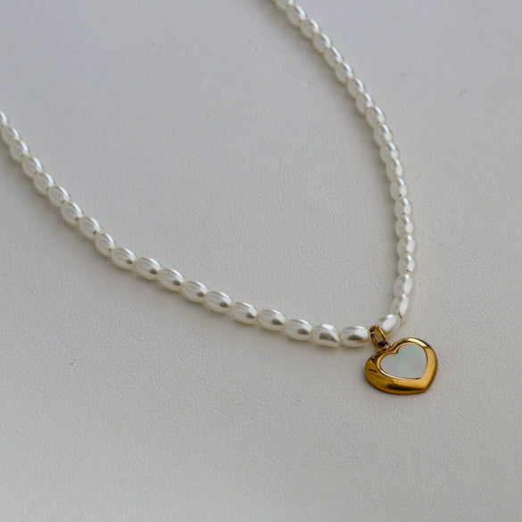 Wholesale Women's Fairy Style Titanium Steel Goldplated Pearl Casting Heart Pendant Necklace With String Of Pearls Chain