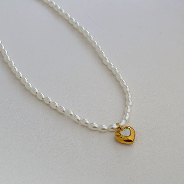 Wholesale Women's Fairy Style Titanium Steel Goldplated Pearl Casting Heart Pendant Necklace With String Of Pearls Chain