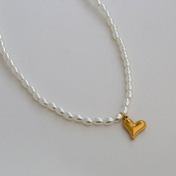 Wholesale Women's Fairy Style Titanium Steel Goldplated Pearl Casting Heart Pendant Necklace With String Of Pearls Chain