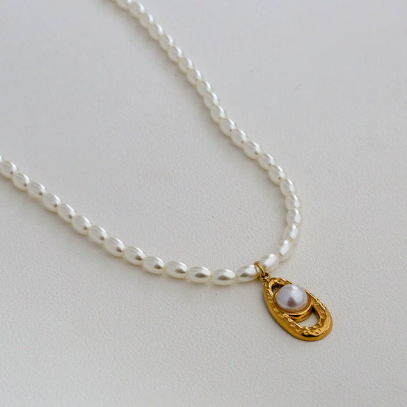 Wholesale Women's Fairy Style Titanium Steel Goldplated Pearl Casting Heart Pendant Necklace With String Of Pearls Chain