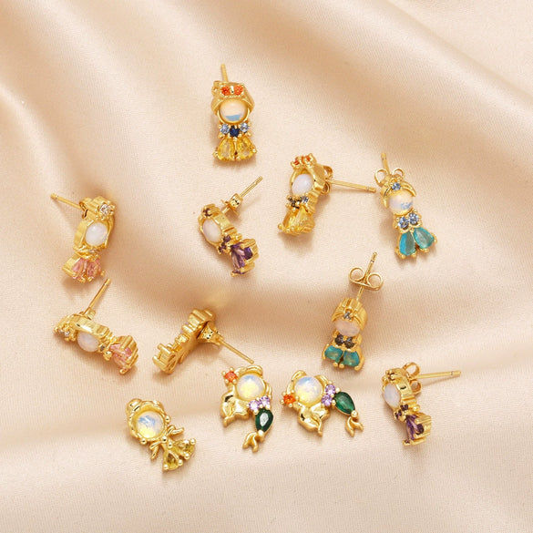 Wholesale Women's Fairy Tale Princess Earrings Copper Inlaid With Colorful Zirconium Electroplated With Cartoon Character Geometric Animal Zodiac Patterns