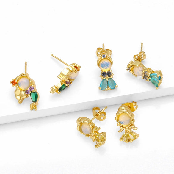 Wholesale Women's Fairy Tale Princess Earrings Copper Inlaid With Colorful Zirconium Electroplated With Cartoon Character Geometric Animal Zodiac Patterns