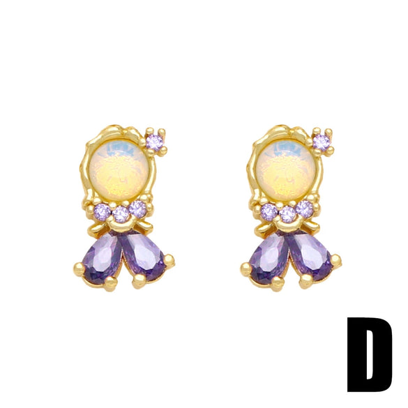 Wholesale Women's Fairy Tale Princess Earrings Copper Inlaid With Colorful Zirconium Electroplated With Cartoon Character Geometric Animal Zodiac Patterns