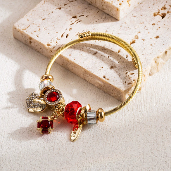 Wholesale Women's Fashion Adjustable Couple Bracelet With Heart Pendant Made Of Alloy And Stainless Steel With Rhinestone Inlay