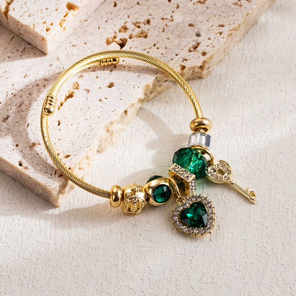 Wholesale Women's Fashion Adjustable Couple Bracelet With Heart Pendant Made Of Alloy And Stainless Steel With Rhinestone Inlay