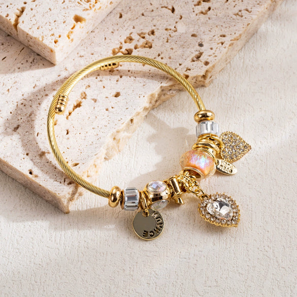Wholesale Women's Fashion Adjustable Couple Bracelet With Heart Pendant Made Of Alloy And Stainless Steel With Rhinestone Inlay
