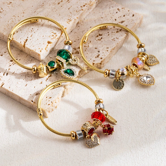 Wholesale Women's Fashion Adjustable Couple Bracelet With Heart Pendant Made Of Alloy And Stainless Steel With Rhinestone Inlay